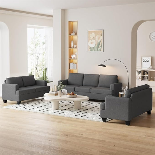 Furnimart Sectional Couches for Living Room Modern 2 Loveseats and 3 Seater Couch Deep Seat Sectional Sofa Set Comfy Fluffy Grey Couch with Removable Sofa Cover Dark Grey