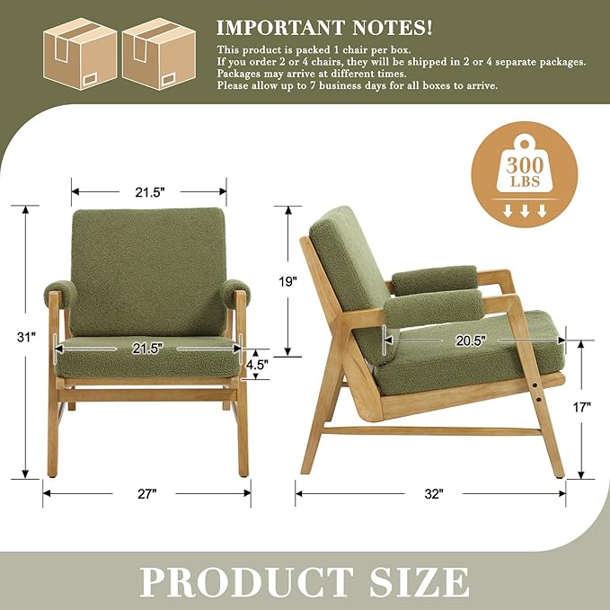 HEAH-YO Modern Accent Chair Set of 2 Upholstered Boucle Fabric Living Room Chair with Wooden Frame Comfy Armchair with Thick Cushion for Bedroom Balcony Green