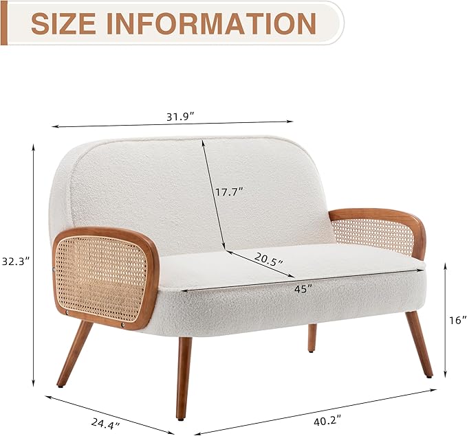 WENTMENT Loveseat Sofa Small Couch for Living Room Teddy Love Seat with Natural Rattan Armrest and Solid Wooden Legs Small Sofa for Small Space Bedroom Apartment（White）