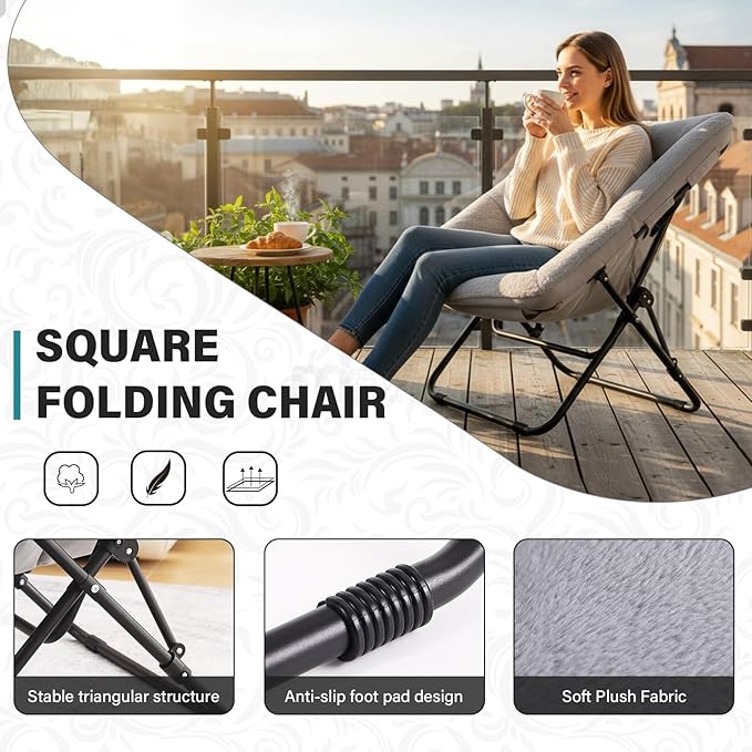Tiita Comfy Saucer Chair Soft Faux Fur Oversized Folding Accent Chair Lazy Chair for Teens Adults Metal Frame Moon Chair for Bedroom Living Room Dorm Rooms X-Large Grey
