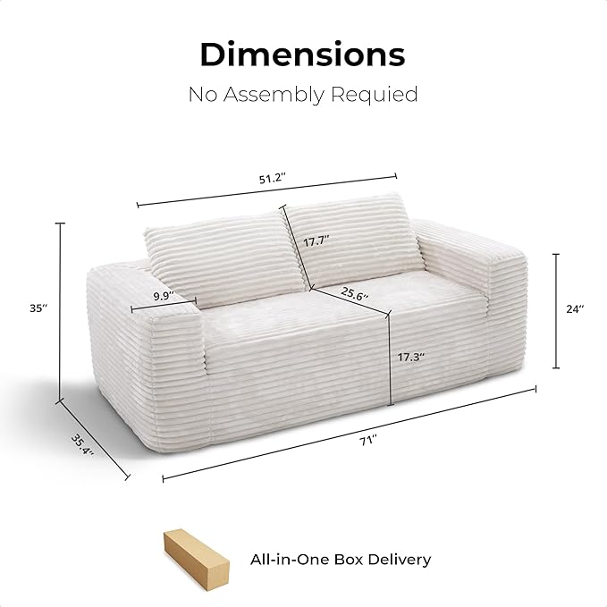 LIKIMIO 71 Boneless Loveseat Sofa in a BoxCorduroy Deep Seat Cloud Couch No Assembly Required Space-Saving Design for Compact Living Room Apartment Home Office Beige