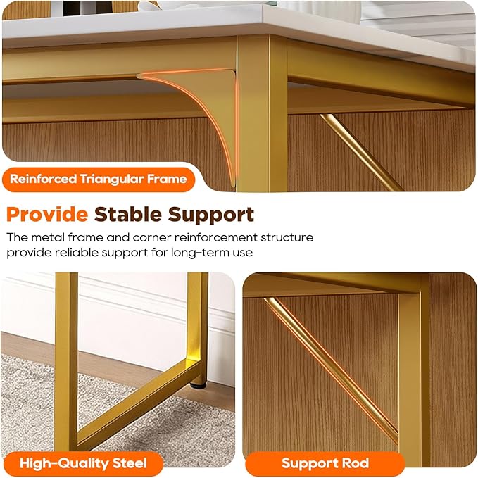 PayLessHere | 63 Inch Computer Desk | White Gold | Office Desk with Metal Frame Adjustable Feet | Water-Resistant Scratchproof Surface | Sturdy Writing Table for Home Office or Study | Pack of 1