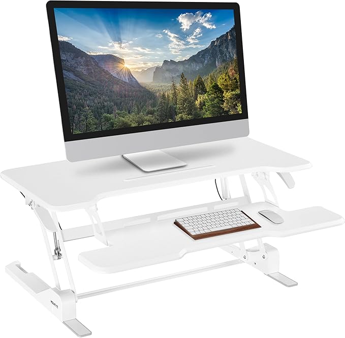 Mount-It! Standing Desk Converter White 38” Wide Height Adjustable Stand Up Desk Riser Desk Topper with Gas Spring Desktop Standing Desk with Keyboard Tray Fits Two Monitors