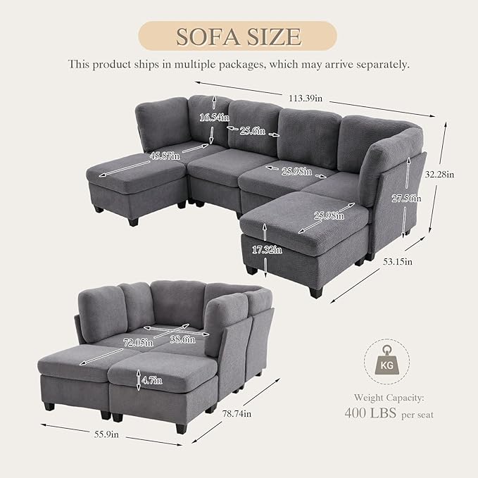 113.39 Modular Sectional Sofa 6 Seaters Sectional Sleeper Sofa U Shaped Couch Comfy Convertible Couches with Ottomans Oversized Modular Sofa with Large Storage for Living Room (Grey)