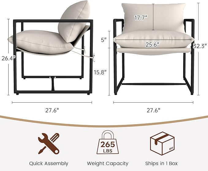 Modern Accent Chair with Arms Comfortable Living Room Seating Square Metal Frame Soft Upholstered Cushion Sponge Filling Easy to Assemble Set of 2 Beige