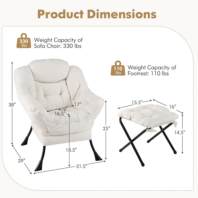 HOMGX Lazy Chair with Ottoman Modern Accent Chair w/Folding Footstool &amp Side Storage Pocket Upholstered Comfy Reading Chair for Bedroom Living Room Office (Beige)