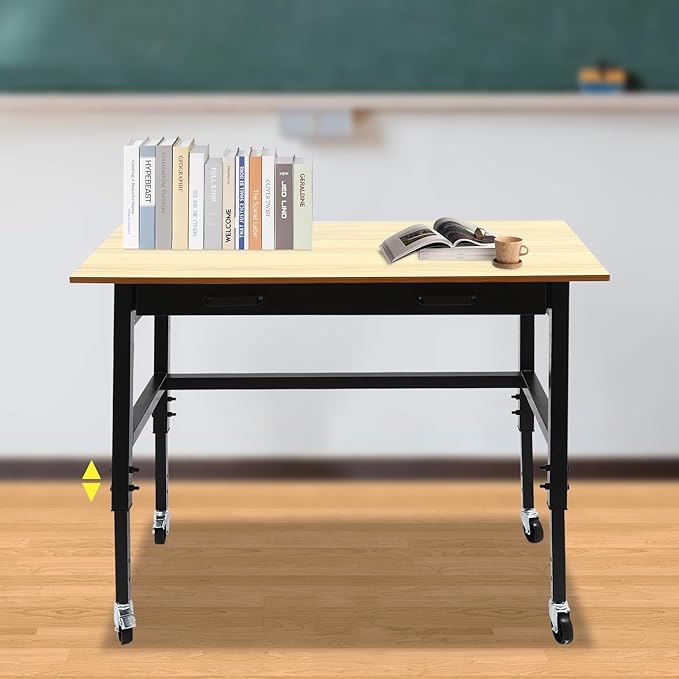 Mobile Standing Desk with Power Outlet Adjustable Height Rolling Workbench 2 Tier Computer Laptop Desk with Lockable Universal Wheels for Home Office Garage Easy to Assemble