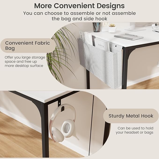 COSTWAY Home Office Desk 32 Inch Computer Desk with Recessed Power Strip Storage Bag &amp Headphone Hook Wide Desktop Modern Computer Workstation Writing Table for Home Office (White + Black)