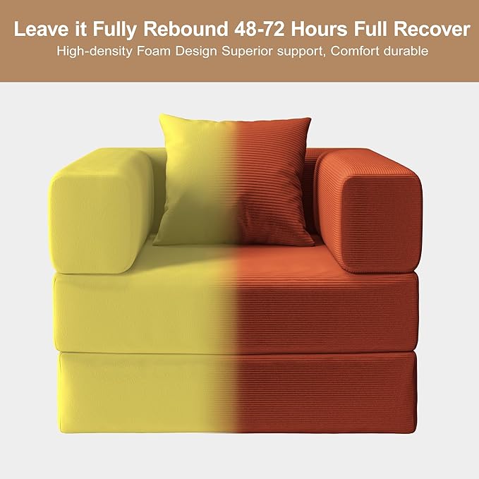 Folding Sofa Bed 2 in 1 Convertible Sofas to Lounger Comfy Single Bean Bag Chair Floor Portable Foldable Sleeper Lazy Futon Couch Chair for Bedroom Living Room(Orange 35.43 Single Sofa)