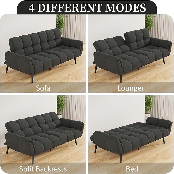 Futon Sofa Bed Convertible 77 Modern Linen Futon Couch Comfy Sleeper Sofa with Adjustable Backrests Couch Bed for Small Spaces Living Room Bedroom Apartment Dark Gray