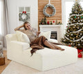 Oversized Chaise Lounge Chair Indoor Bedroom Comfy Corduroy Upholstered Sofa Bed Deep Seat Single Couch No Assembly Required Sleeper Chair Sofa for Living Room (White)