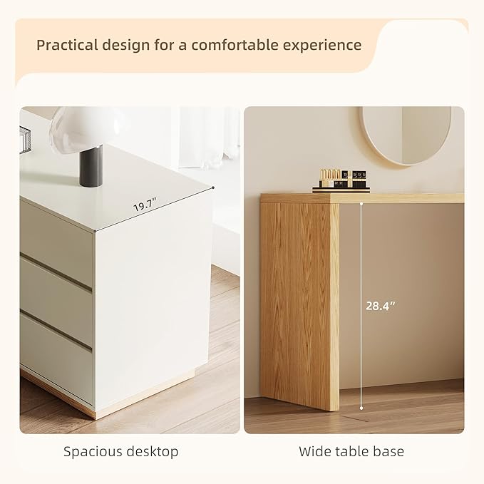 Mid - Century Modern Stretchable L-Shaped Desk with Drawers 56 to 98.5 Extendable Writing Desk with Storage for Home Office Bedroom &amp Living Room Beige