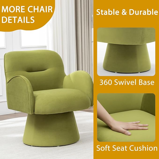 Swivel Accent Chairs Modern Comfy Velvet Barrel Armrest Chairs with Curve Back Soft Cushion Olive Green Armchairs with Arms Small Round Chair for Small Spaces Bedroom Living Room