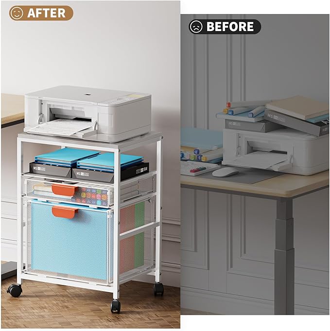 Marbrasse Rolling File Cart with Handle Mobile File Cabinet on Lockable Wheels Office Filing Cabinet Organizer Printer Stand with Hanging File Folder Organizer for Home Office - White