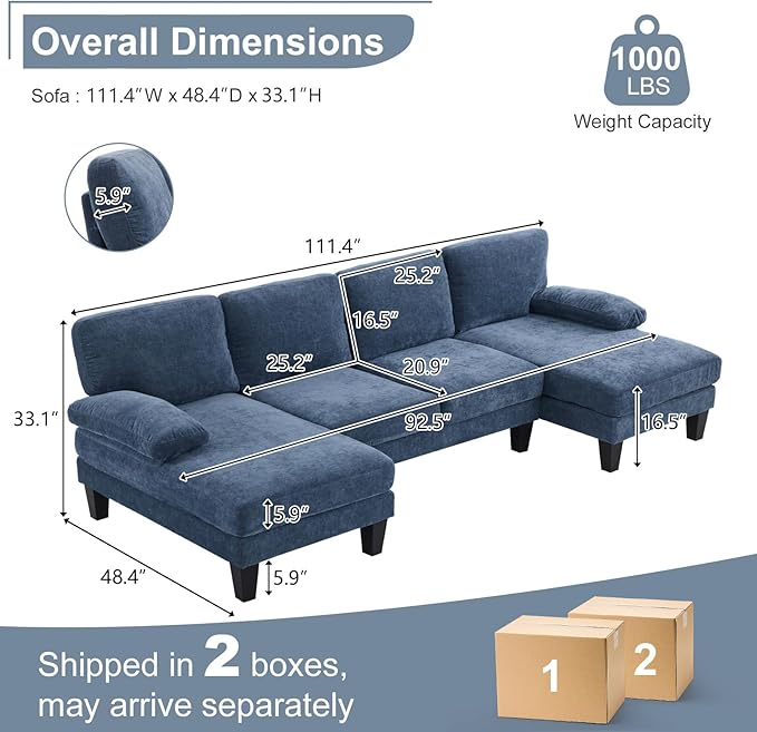 Karl home 111 Sectional Sofa U-Shaped 4-Seat Couch with Chaises Wood Grian Legs Chenille Fabric Upholstered for Living Room Apartment Office Navy Blue