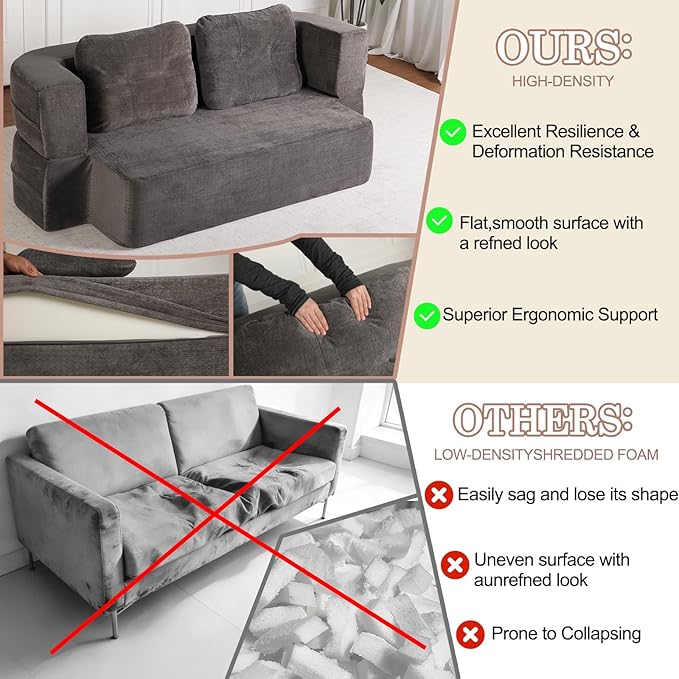 Folding Sofa Bed 78.7 Extra-Long Convertible Sofa Bed with 2 Pillows &amp Blanket 14.6 Thick High-Density Foam Boneless Couch for Bedroom Living Room Apartment Grey