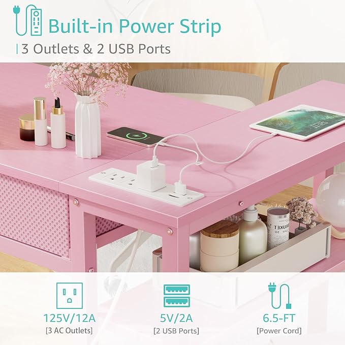 DLisiting Pink Reversible L Shaped Desk with Drawers and Shelves Small Kids Study Vanity PC Computer Desk with Storage for Girls Corner L-Shaped Desks for Small Space Bedroom