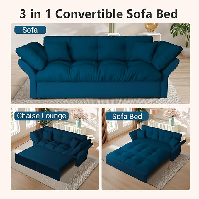 74.8 Queen Pull Out Sofa Bed 3-in-1 Convertible Sleeper Sofa Velvet Small Loveseat for Small Spaces Comfy Cloud Pullout Couches Multi-Functional Couches for Living Room Apartment (Blue)