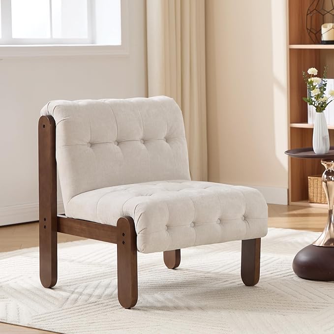 HEAH-YO Accent Chair Set of 1Modern Vintage Living Room Chair for Bedroom with Button Tufted Back and Wood LegsUpholstered Comfy Reading Chair for Makeup Vanity CafeChenille Beige