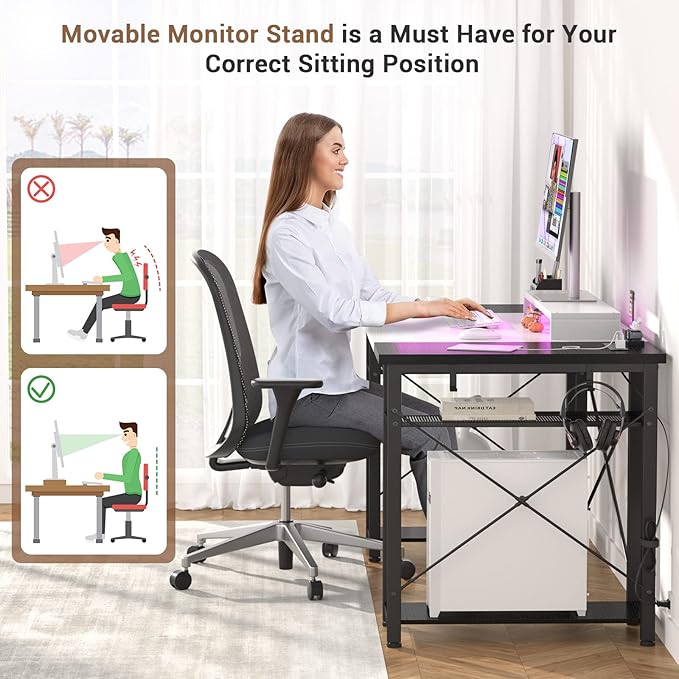 Armocity Computer Desk with LED Lights 55 Inch Desk with Power Outlet and USB Reversible Large Desk with Moveable Monitor Stand 55.2'' Gaming PC Table for Home Office Workstation White and Black