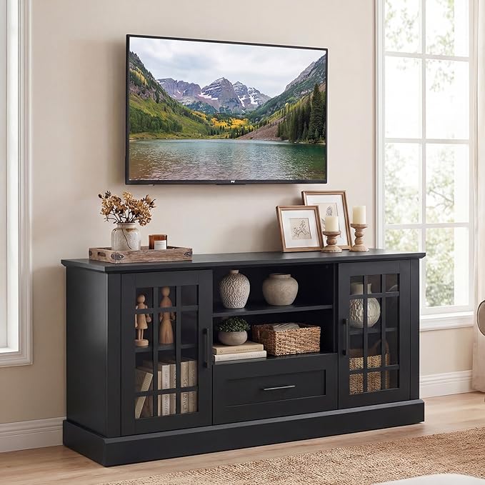 Tangkula Farmhouse TV Stand for TV up to 65 70 Inches Tall Media Console Table with 2 Glass Storage Cabinets 1 Drawer &amp 2 Open Shelves Wooden Entertainment Center for Living Room (Black)