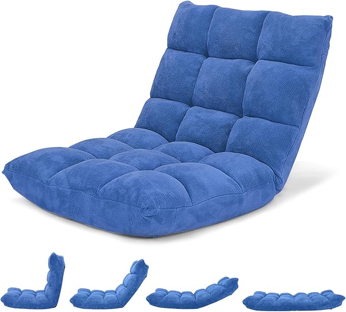 Giantex Floor Chair with Back Support 14 Adjustable Position Padded Sleeper Bed Couch Recliner Gaming Floor Chairs for Adults Meditation Gaming Chair Floor Blue