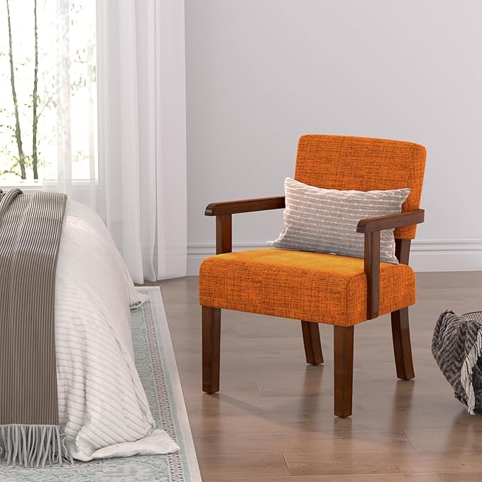Mid Century Modern Accent ChairArmchairs with Solid Wood Frame and LegsUpholstered Reading Leisure Chair for Living RoomBedroomOfficeWaiting Room (Orange)