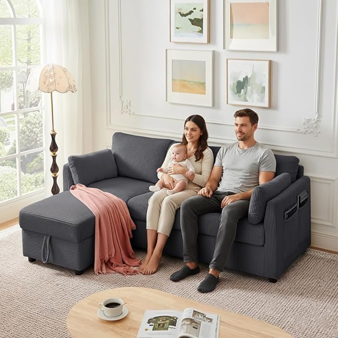 79 L Shaped Couch with Storage Ottoman 3 Seater Corduroy Sofa with 2 Pillows and Storage Pockets Convertible Small Couches for Living Room Apartment Small Spaces Home Office Grey