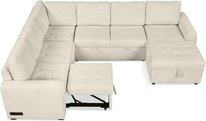 Modern 107.5 U-Shaped Sectional Sofa Convenient Pull-Out Sofa Bed with a Storage Chaise Lounge Corduroy 5 Seat Couch with Charging Devices for Living Room Apartment (Beige-8.18)