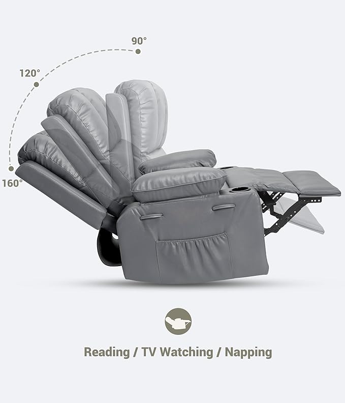 GarveeHome Recliner Chairs Classic Manual Leather Recliner Home Theater Seating with Lumbar &amp Arms Support for Living Room Bedroom and Nursery (Grey-27)