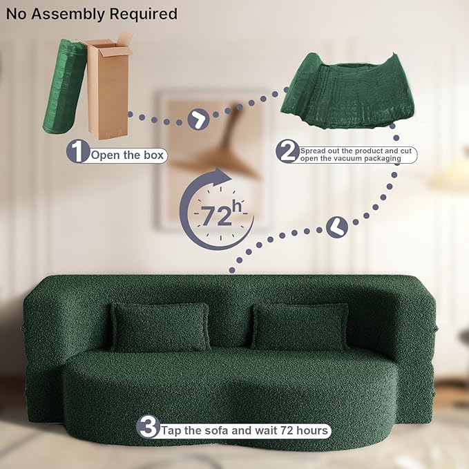 78 Inch Couch Queen Sleeper Loveseat Cloud Sofa Bed Convertible Folding Teddy Full Size Boneless Sofabed for Living Room Guestroom Lazy Lounge Floor Fold Out Sofa Bed No Assembly (Green)