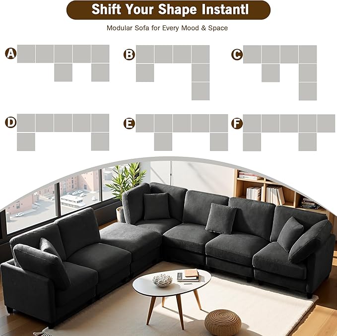 Modular Sectional Sofa Oversized Chenille Cloud Couch with Movable Ottoman 7 Seater Cloud Sectional Couch Convertible L/U-Shape and Sofa Bed Couches for Living Room Black