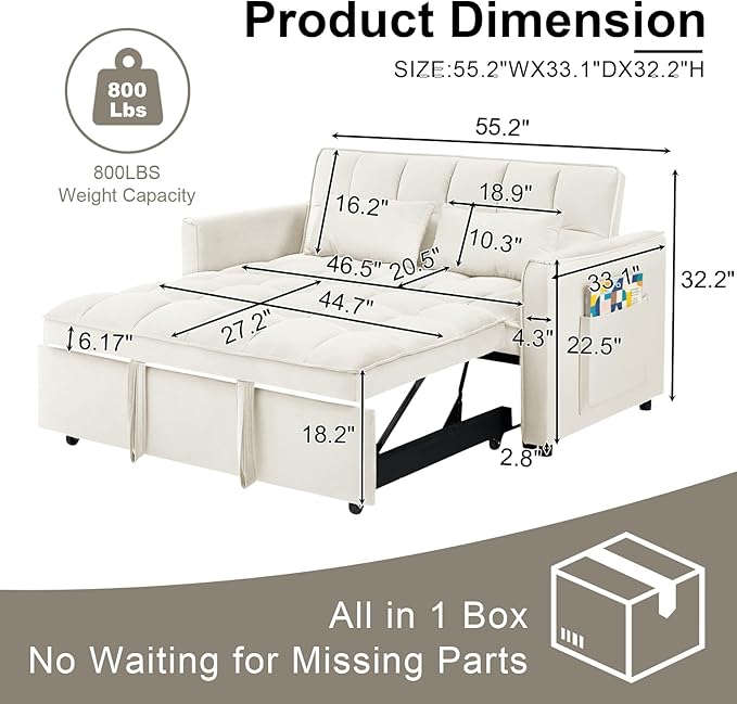 3 in 1 Folding Convertible Sofa Bed 55'' Pull Out Couch Bed with Side Pocket Velvet Fabric Loveseat Sleeper Sofa with Adjustable Backrest Easy Assembly Perfect for Living Room Off White