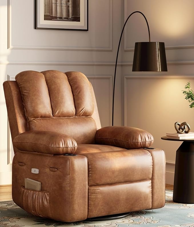 Power Recliner Chair for Adults with Massage and Heat Swivel Oversized Leather Recliner Chair with USB Ports &amp Side Pockets for Living Room (22 Medium-Seat WidthCoffee)