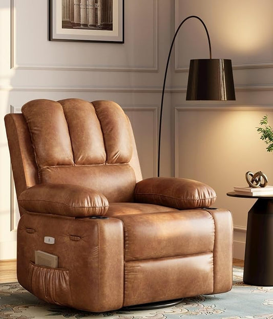Power Recliner Chair for Adults with Massage and Heat Swivel Oversized Leather Recliner Chair with USB Ports &amp Side Pockets for Living Room (22 Medium-Seat WidthCoffee)