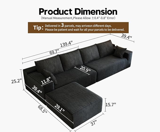 139.4 Modular Sectional Sofa L-Shaped Minimalist Couches with Ottoman Chaise Modern Deep Seat Convertible Sleeper SofaCloud Plush Corduroy Fabric No Assembly Required 5 Seater Black