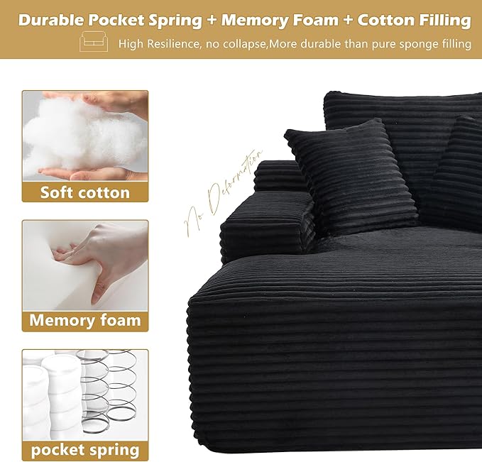 66 Oversized Chaise Lounge Chair Indoor Corduroy Upholstered Sofa Bed with Pocket Springs&ampHigh-Density Foam Deep Seat Sleeper Couch with 3 Pillows No Assembly for Living Room (Black)