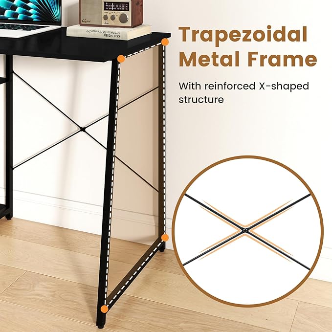 Tangkula Computer Desk with Shelves Space Saving Home Office Desk with 3-Tier Ladder Shaped Storage Bookshelf Modern Writing Study Desk with Metal Frame Compact Computer Workstation (Black)