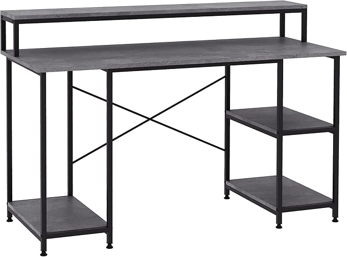55 Inch Home Office Computer Desk Study Writing Workstation with Storage Shelves Elevated Monitor Shelf CPU Stand X Shaped Construction Grey Wood Grain