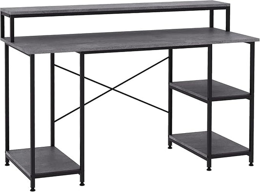 55 Inch Home Office Computer Desk Study Writing Workstation with Storage Shelves Elevated Monitor Shelf CPU Stand X Shaped Construction Grey Wood Grain
