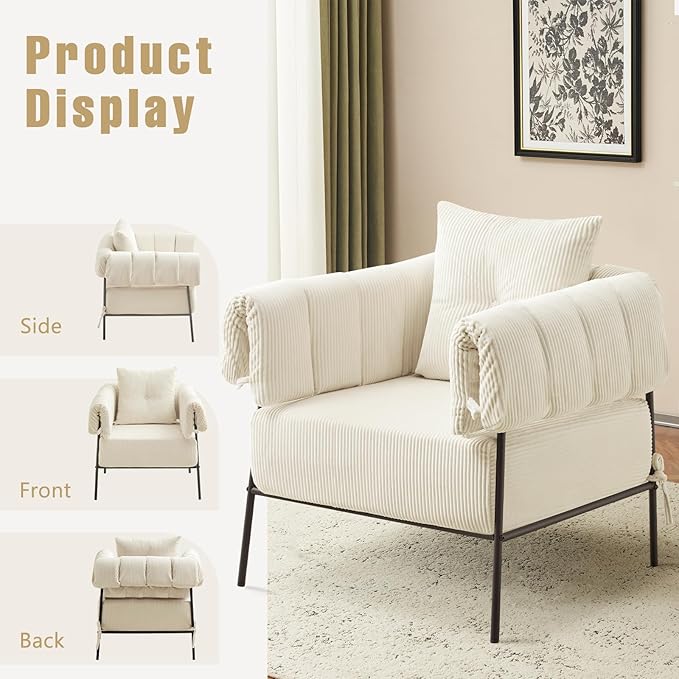 Furniliving Modern Accent Chairs Comfy Chairs with Pillow Lounge Chair Reading Chair for Living Room Upholstered Bedroom Arm Chair with Metal Frame Armchair Soft Cushion Corduroy Beige