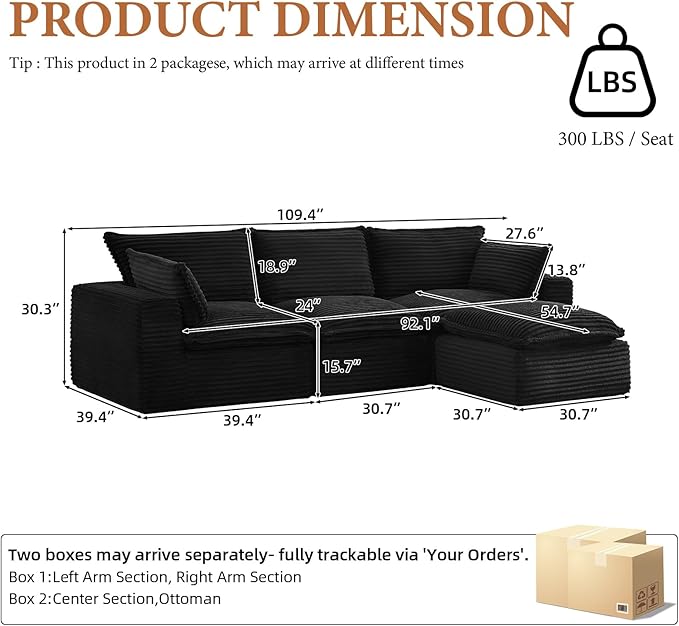 110 Inch Modular Sectional Sofa - Cloud Sectional Couch with OttomanCorduroy Boneless Couches with Deep SeatModern Sponge Compressed Couches for Living Room (White 4 Seat -L Shape Couch)