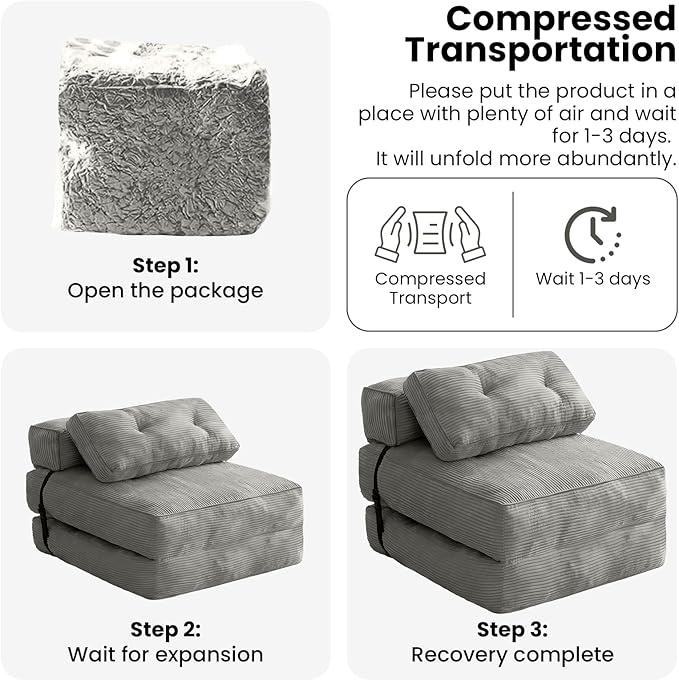 tantohom Folding Sofa Bed Convertible Sleeper Chair with Pillow Foldable Mattress with Back SupportSpace-Saving Sofa for Living RoomBedroom (Gray)