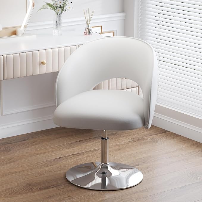 Furniliving Vanity Chair with Arm PU Leather Chair for Vanity Swivel Accent Chair Adjustable Height Makeup Chair with Chrome Base Living Room Chair for Bedroom Makeup Room Study Room IvoryWhite