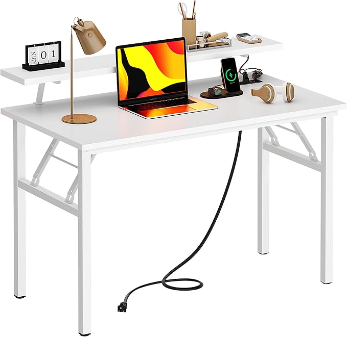 Need 47 Inch Folding Computer Desk with Power Outlets &amp Monitor Shelf Study Desk with Cup Holder Gaming Desk with Led Lights &amp Headphone Holder White