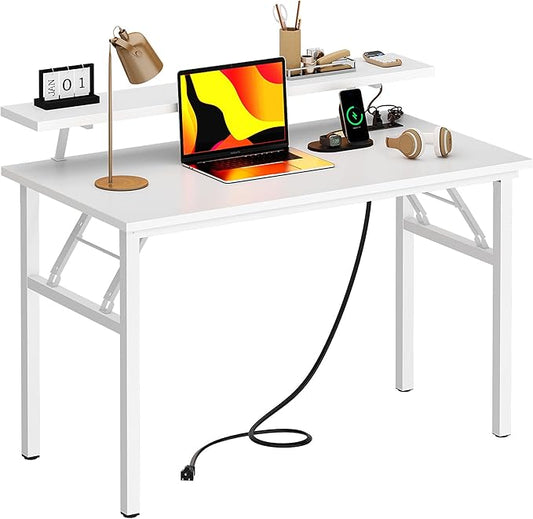 Need 47 Inch Folding Computer Desk with Power Outlets &amp Monitor Shelf Study Desk with Cup Holder Gaming Desk with Led Lights &amp Headphone Holder White