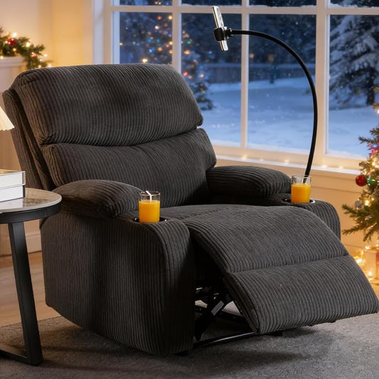 Manual Recliner ChairModern Corduroy Reclining Chairs with Phone Stand &amp Cup HoldersOverstuffed Single Sofa Recliner for AdultsLiving Room Bedroom Home Theater (Dark Grey)