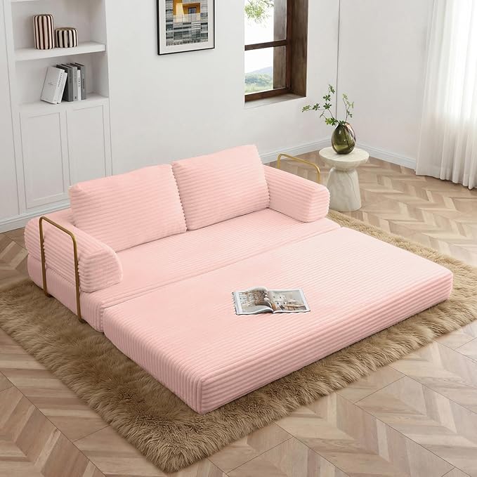 Convertible Folding Sofa Bed Modern Futon Sleeper Sofa Fold Out Couch Bed with Gold Fixed Frame Modular Floor Sofas Comfy Corduroy Boneless Couches for Living Room (80 Pink)