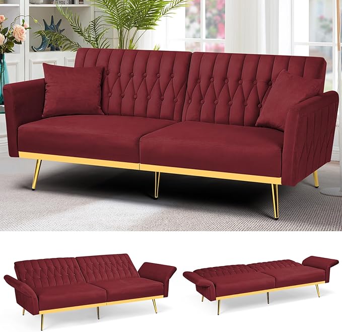 70” Velvet Futon Sofa Bed with 2 Pillows and Adjustable Armrests Convertible Sleeper Bed W/Adjustable Backrests Modern Loveseat for Living Room Bedroom Red