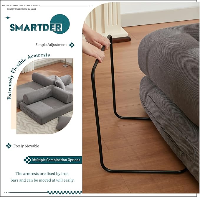 Convertible Folding Sofa Bed Modular Floor Sofa with Removable Backrest 3-Seater Fold Out Couch Bed with Pillows King Size Futon Lazy Couch Corduroy Sleeper for Living Room Dorm Grey